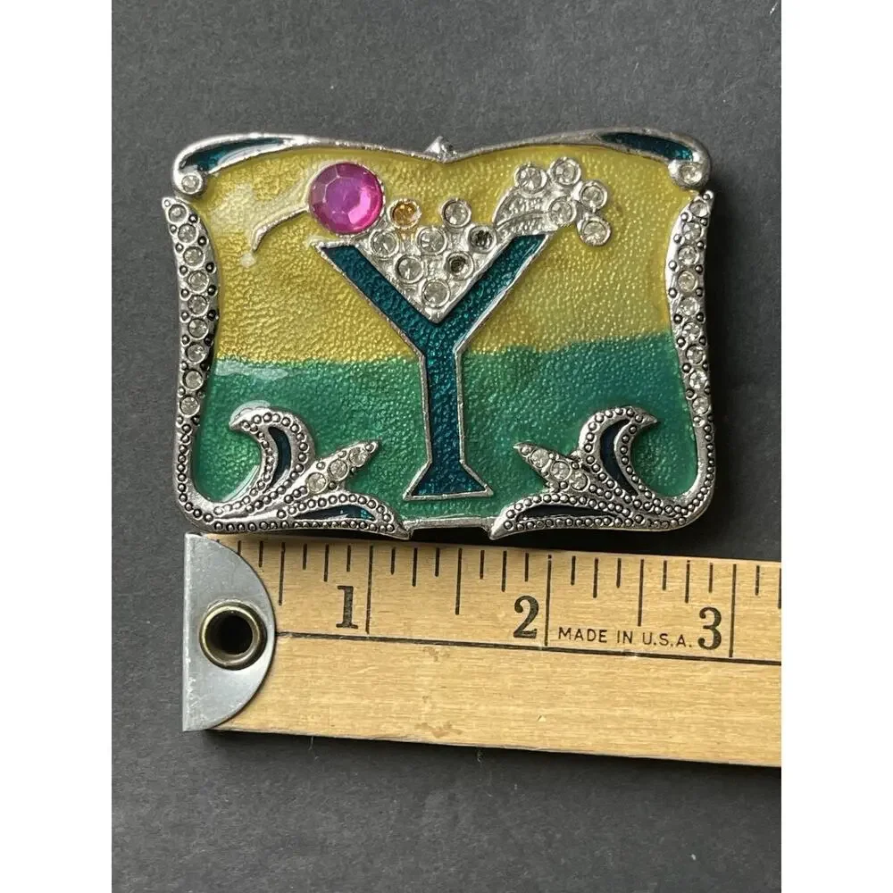 Y2K Belt Buckle Cocktail Martini Enamel Glass Silver Tone Whimsy Unisex 80s 90s